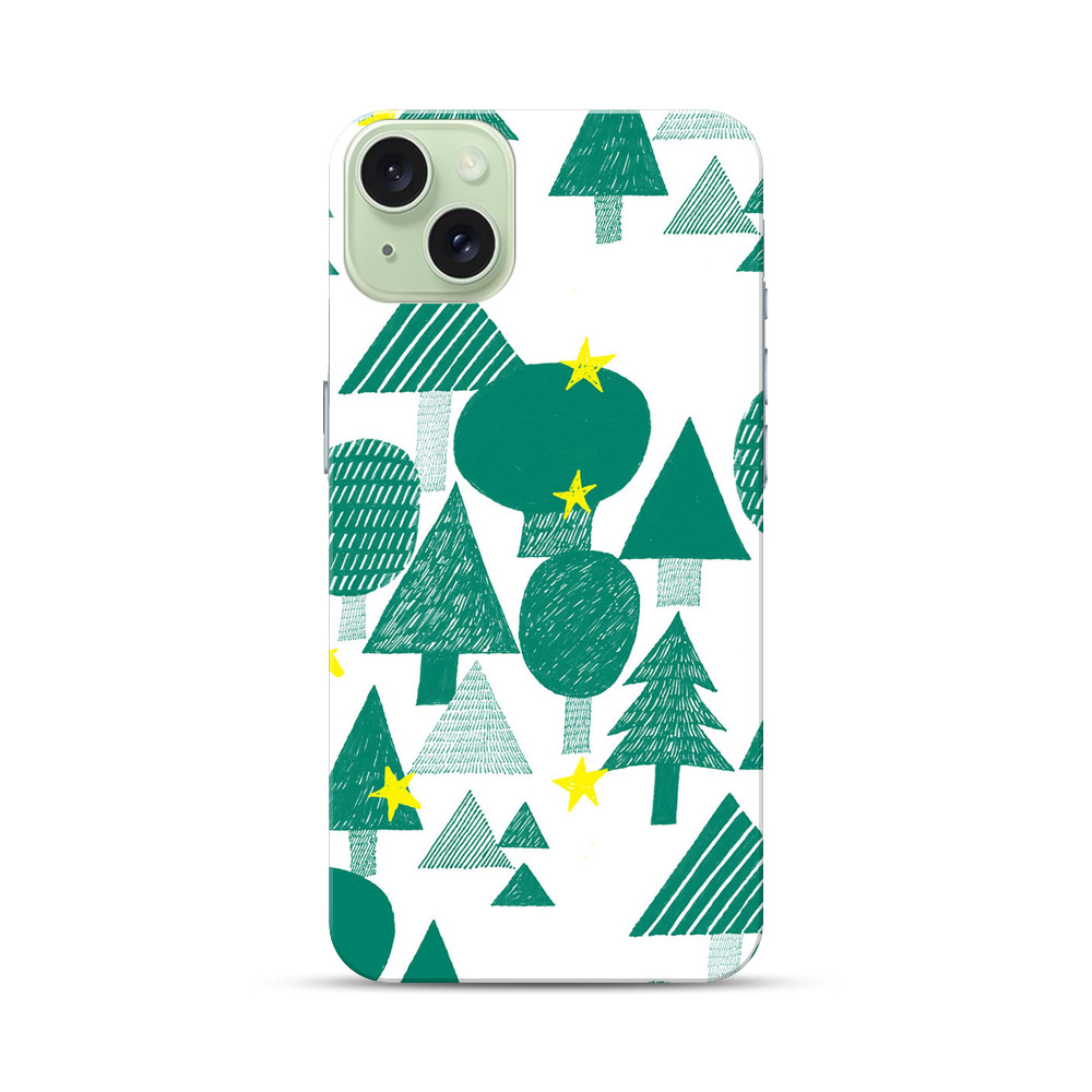 緑の森と黄色い星のパターン iPhone 15 Plusオリジナルハードケース