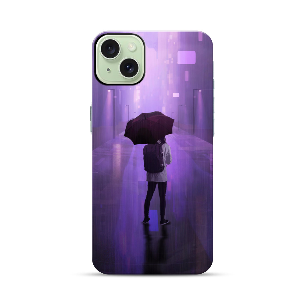 夜の雨と傘の人 iPhone 15 Plusオリジナル耐衝撃ケース