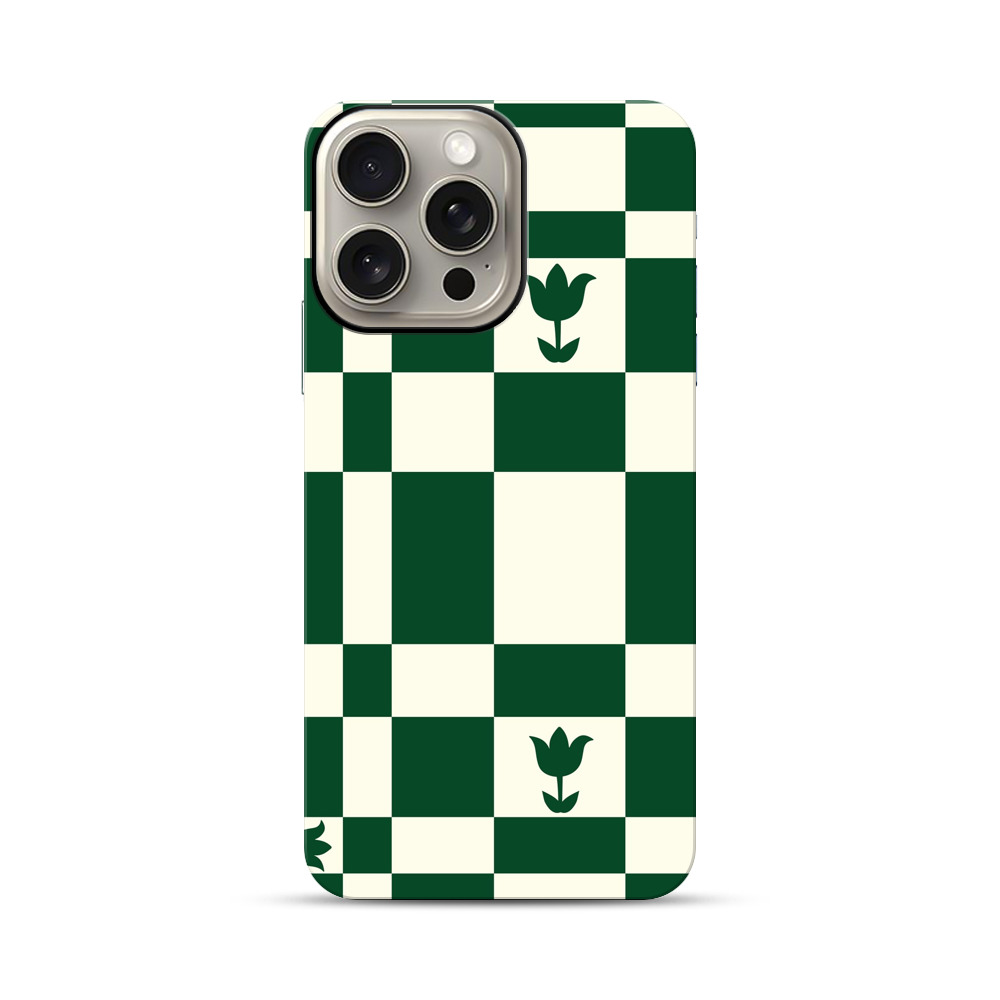 チューリップとチェッカーボードパターン iPhone 15 Pro Maxオリジナル耐衝撃ケース