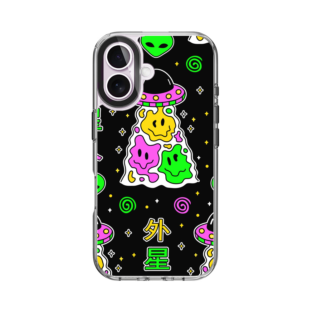 カラフルな宇宙人とUFOのパターン iPhone 17オリジナルケース