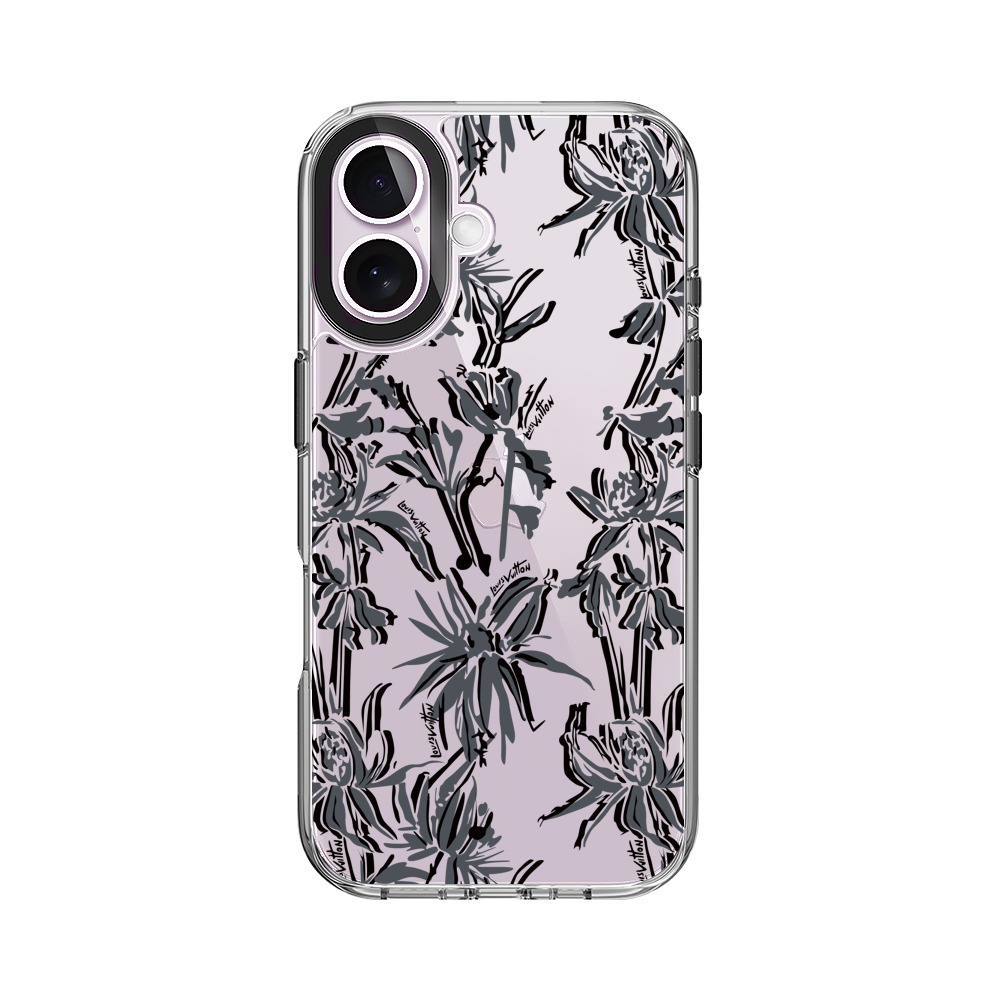 黒背景の銀色植物模様 iPhone 17オリジナルケース