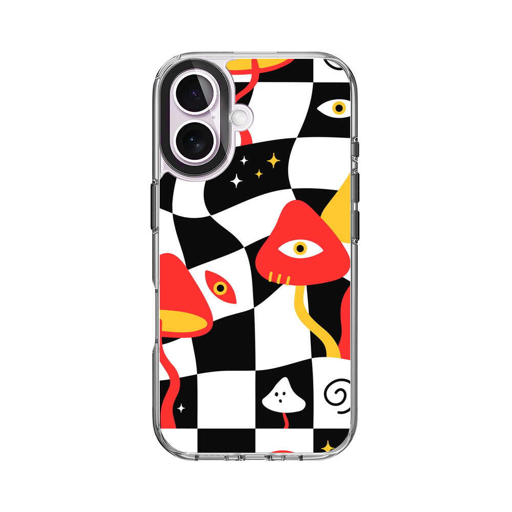 目を持つキノコとチェック柄 iPhone 17オリジナルケース