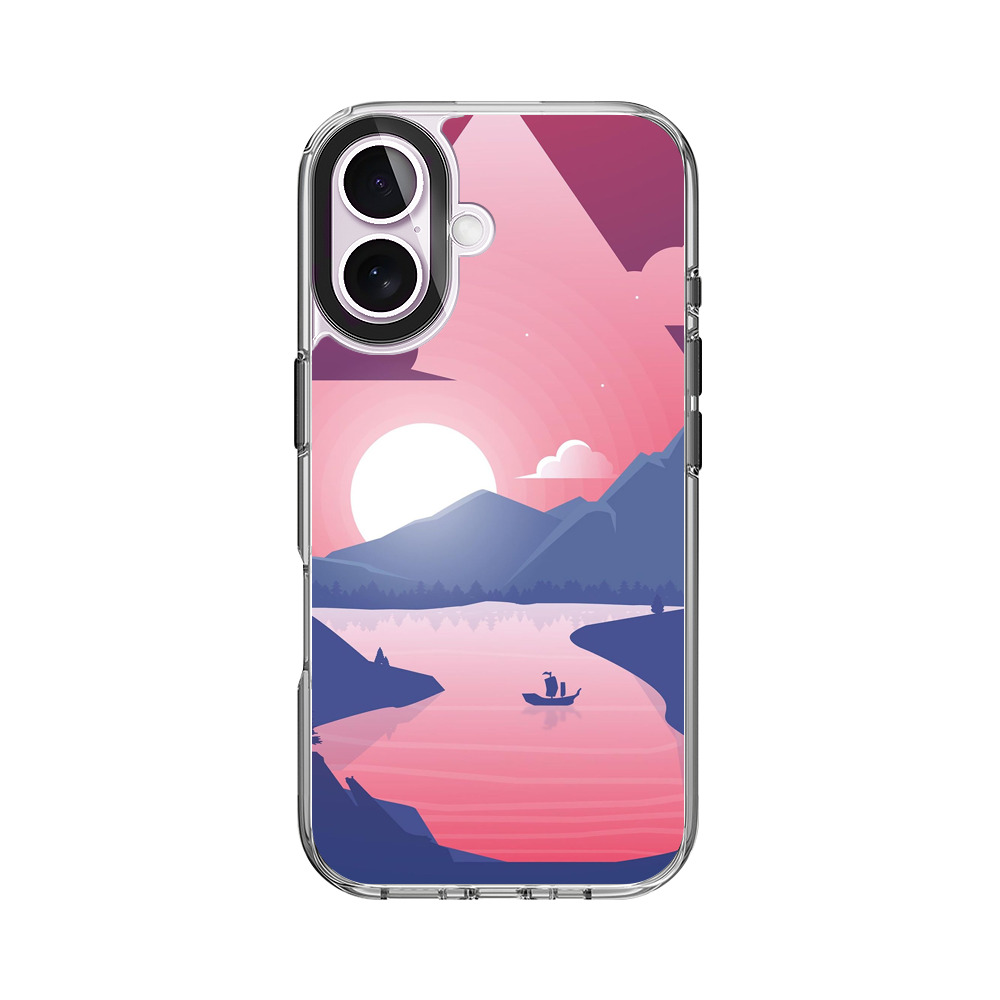 ピンク夕焼けの山湖風景ケース iPhone 17オリジナルケース
