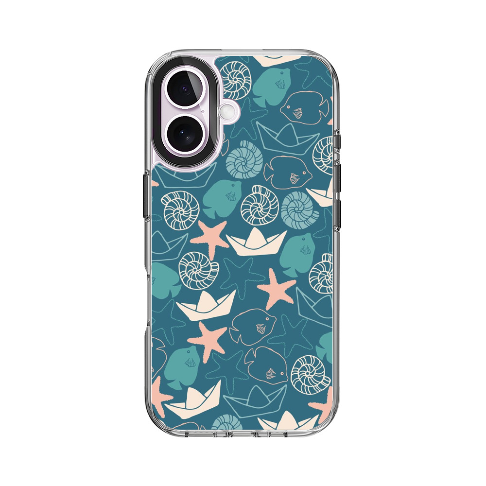 海の生き物と紙船のパターン iPhone 17オリジナルケース