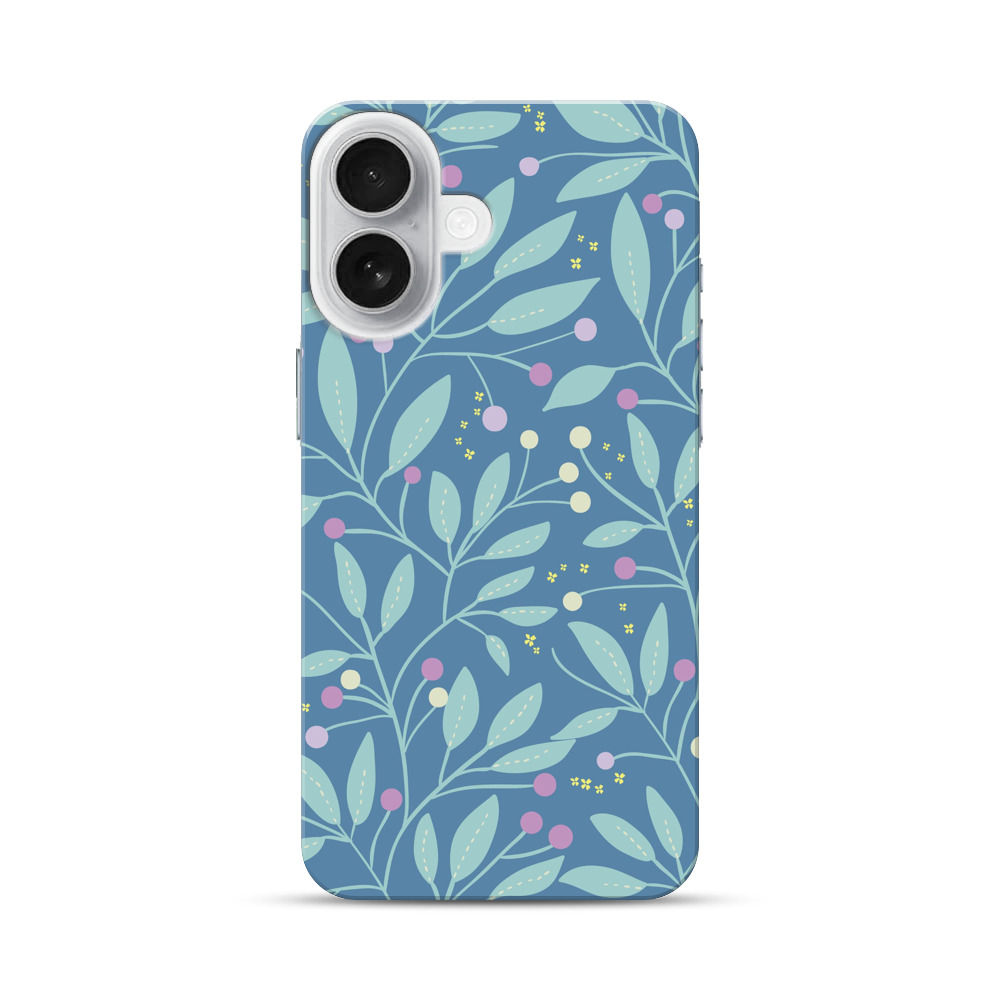 ブルーの葉とベリーのパターン iPhone 17オリジナルハードケース