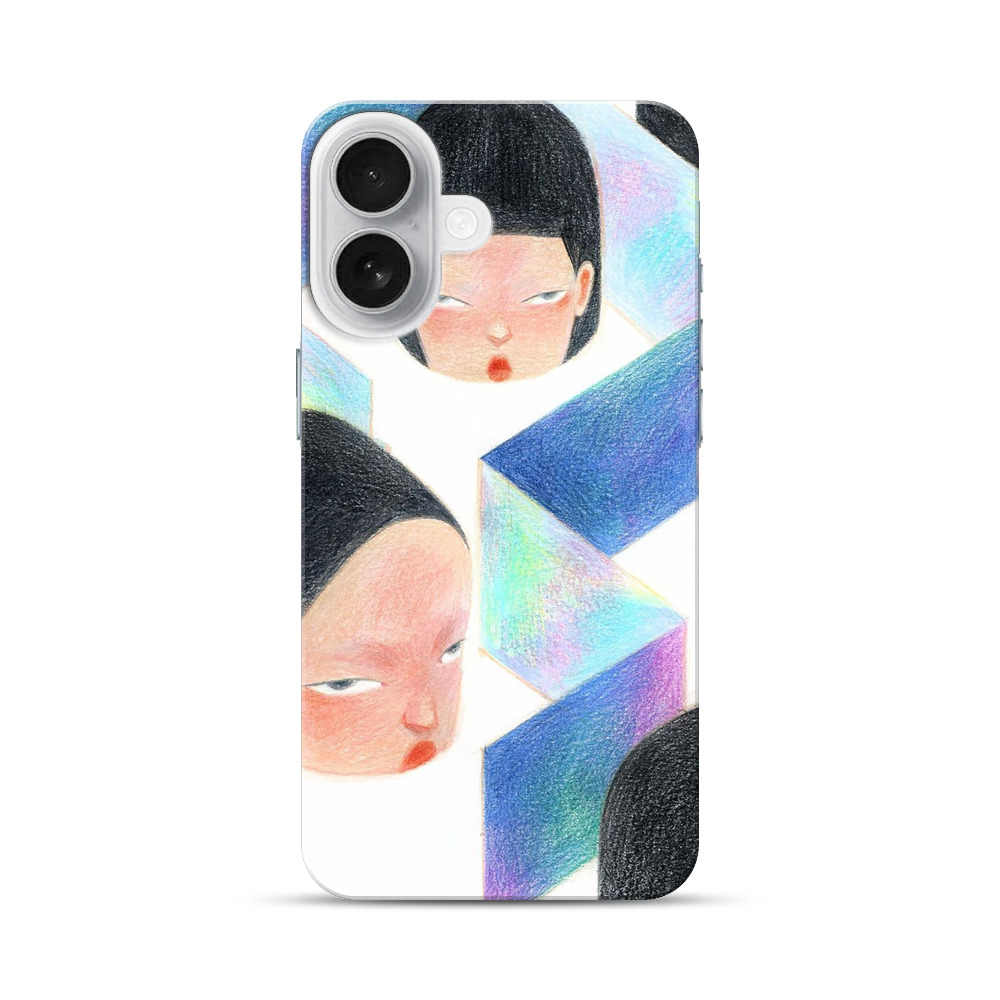 不思議な表情の女性の顔と幾何学模様 iPhone 17オリジナルハードケース
