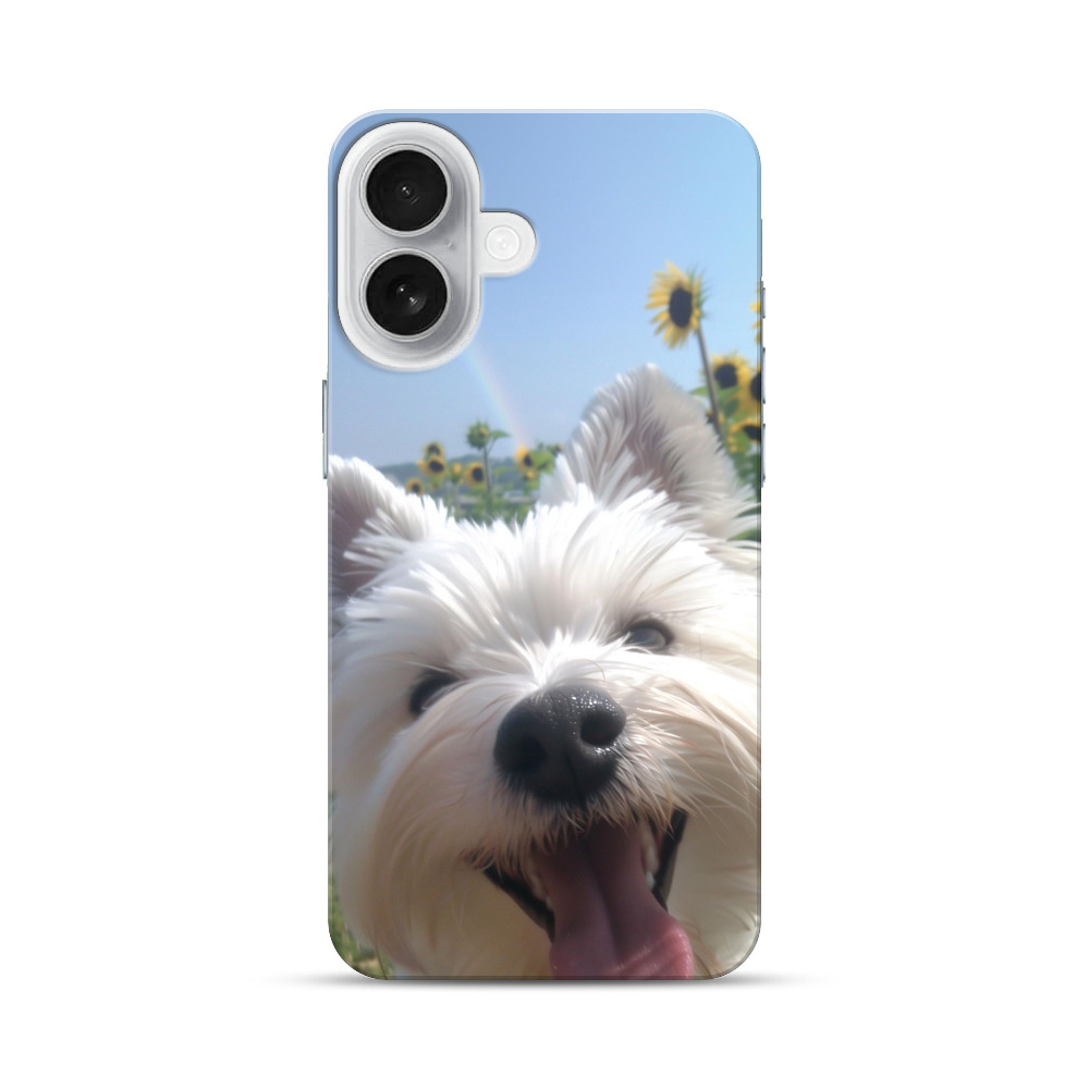 白い犬とひまわりと虹 iPhone 17オリジナルハードケース