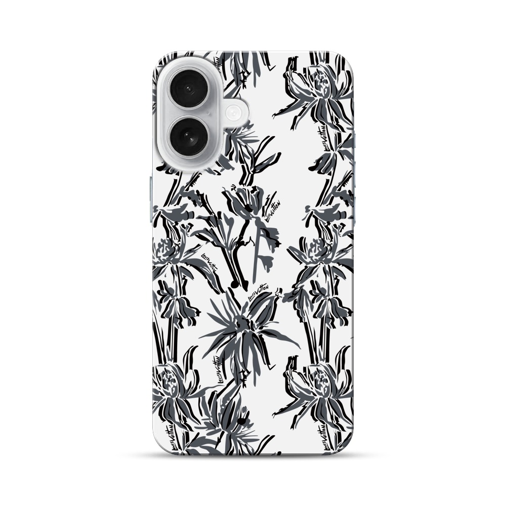 黒背景の銀色植物模様 iPhone 17オリジナルハードケース