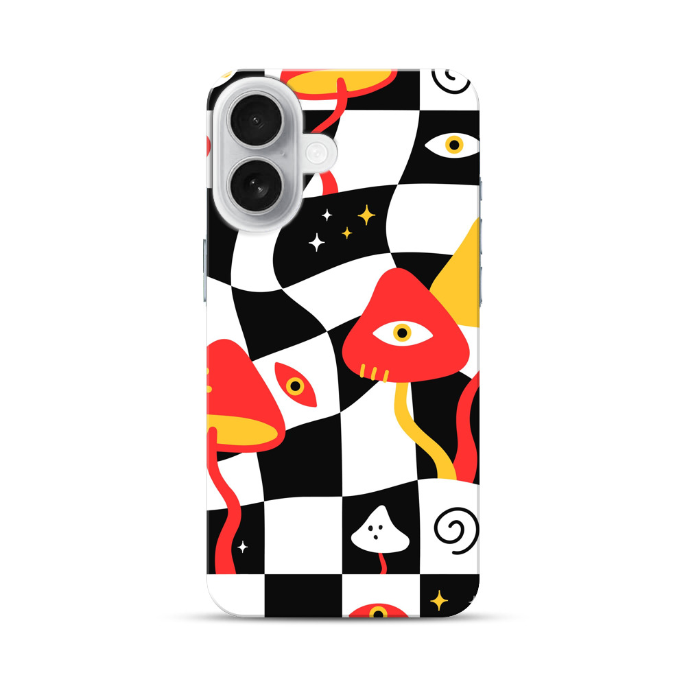 目を持つキノコとチェック柄 iPhone 17オリジナルハードケース