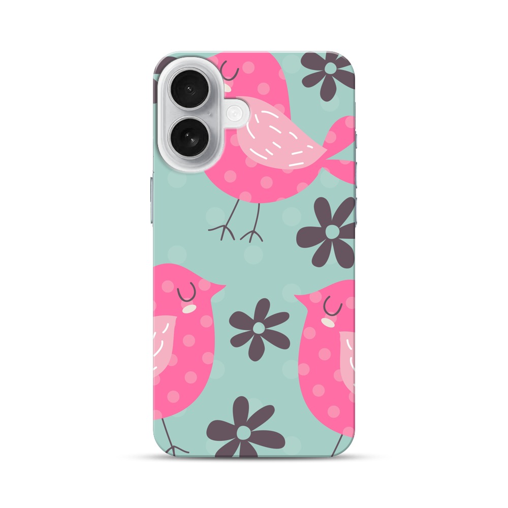 ピンクの小鳥と花のパターン iPhone 17オリジナルハードケース