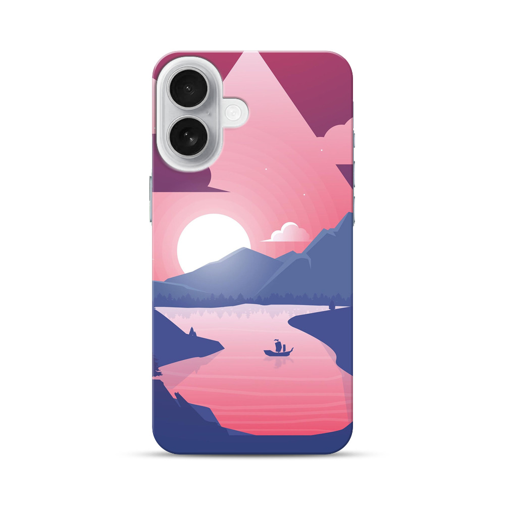 ピンク夕焼けの山湖風景ケース iPhone 17オリジナルハードケース