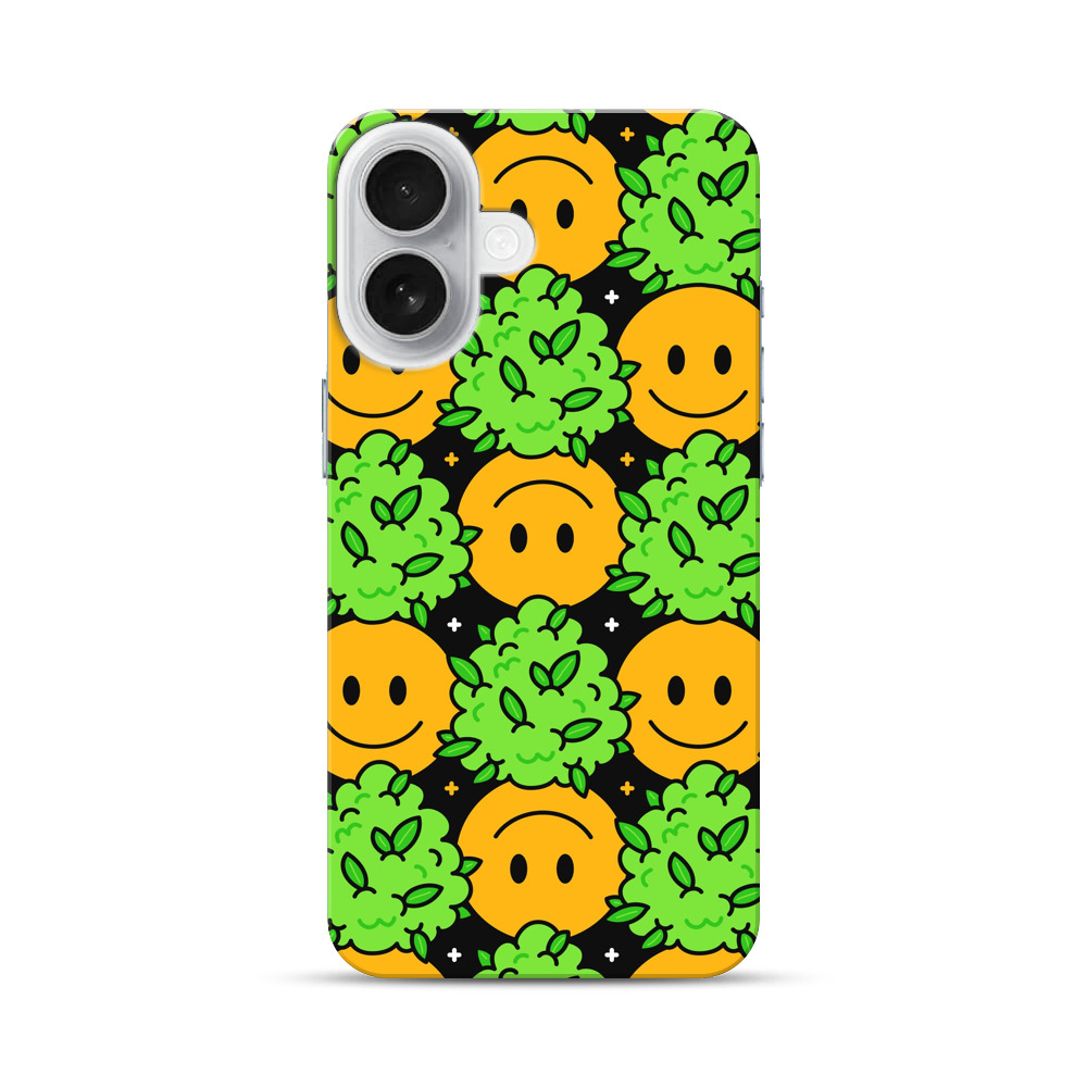 スマイリーフェイスと葉っぱのパターン iPhone 17オリジナルハードケース