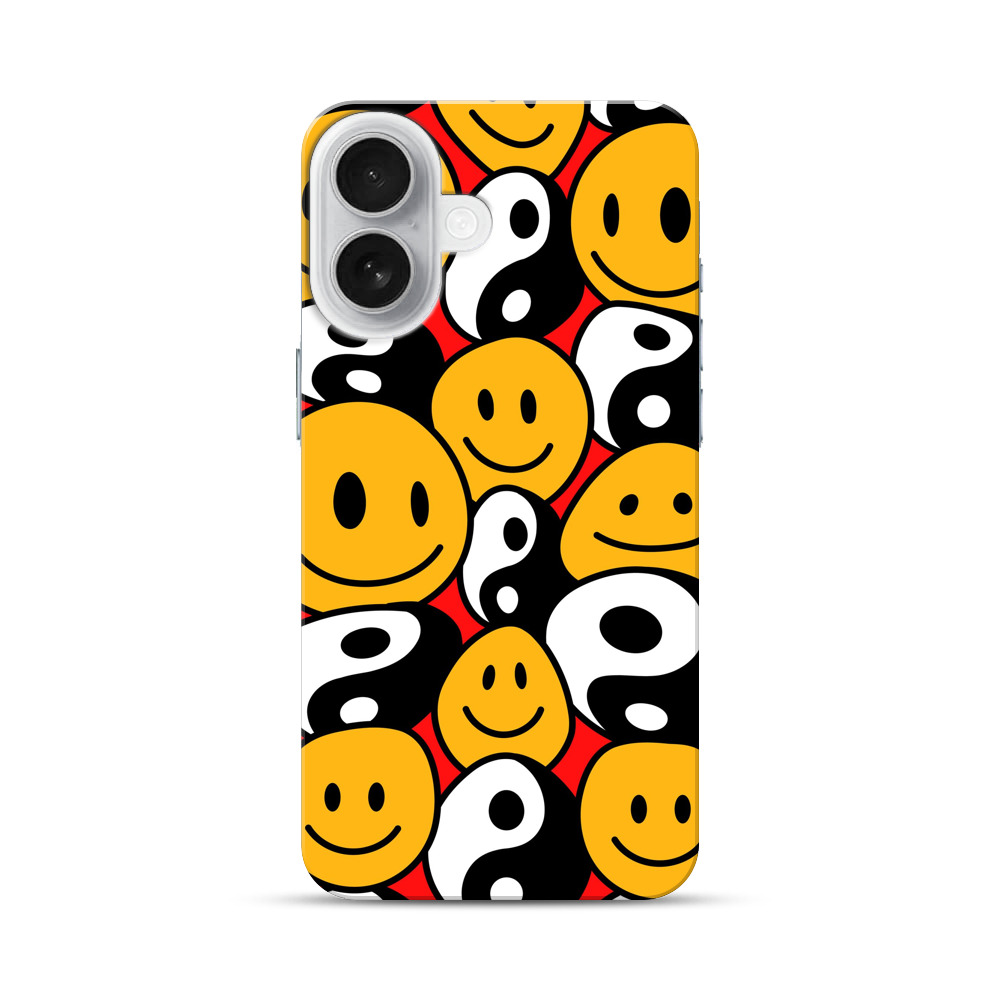 スマイリーフェイスと陰陽シンボルのパターン iPhone 17オリジナルハードケース