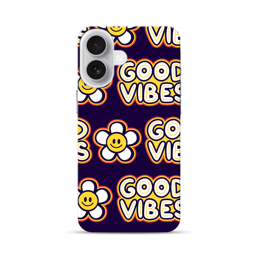 スマイリーフラワーとグッドバイブスのパターン iPhone 17オリジナルハードケース