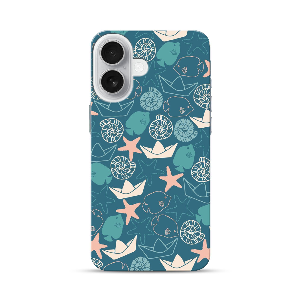 海の生き物と紙船のパターン iPhone 17オリジナルハードケース