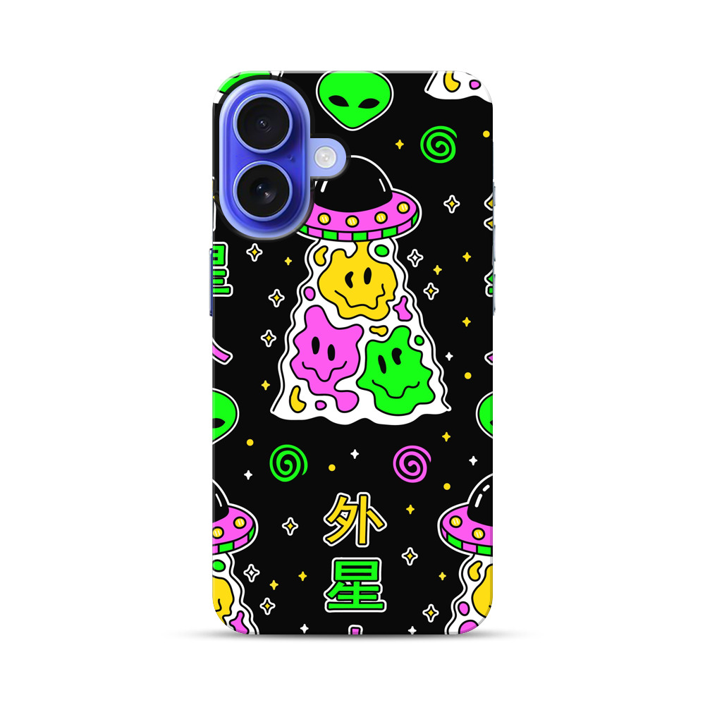 カラフルな宇宙人とUFOのパターン iPhone 17オリジナル耐衝撃ケース