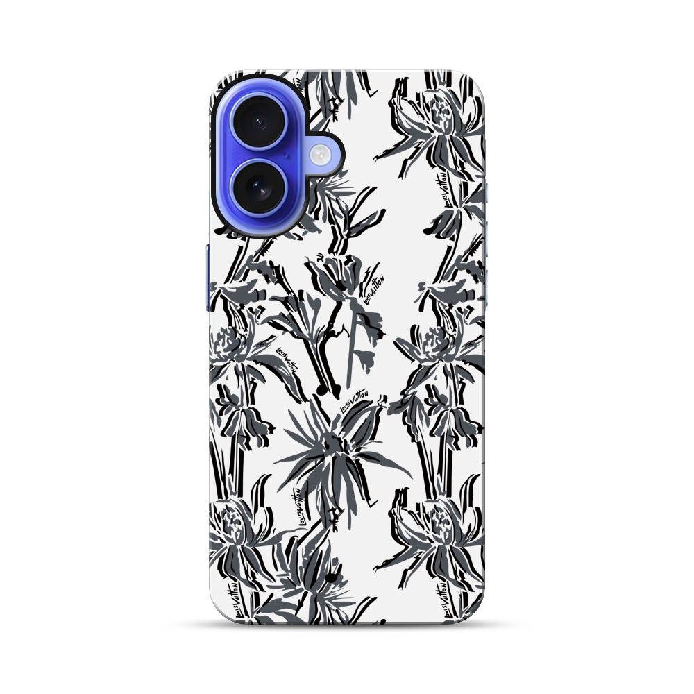 黒背景の銀色植物模様 iPhone 17オリジナル耐衝撃ケース