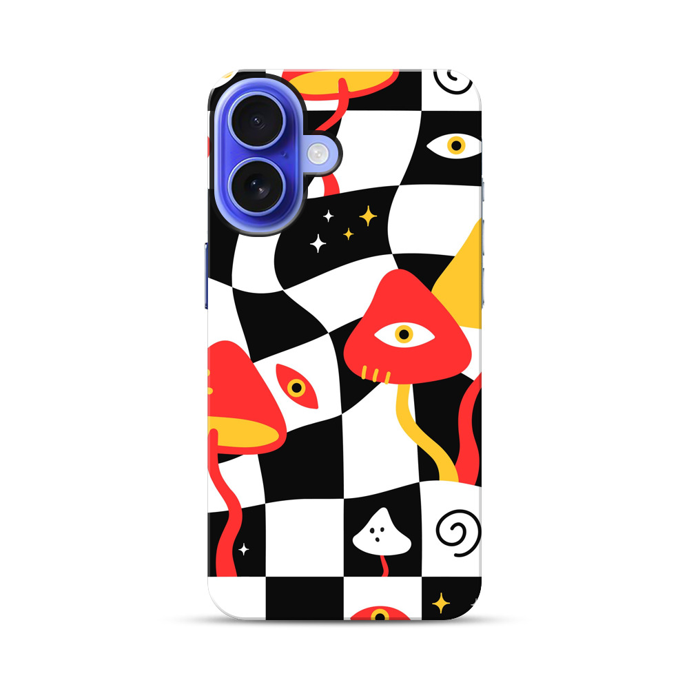目を持つキノコとチェック柄 iPhone 17オリジナル耐衝撃ケース