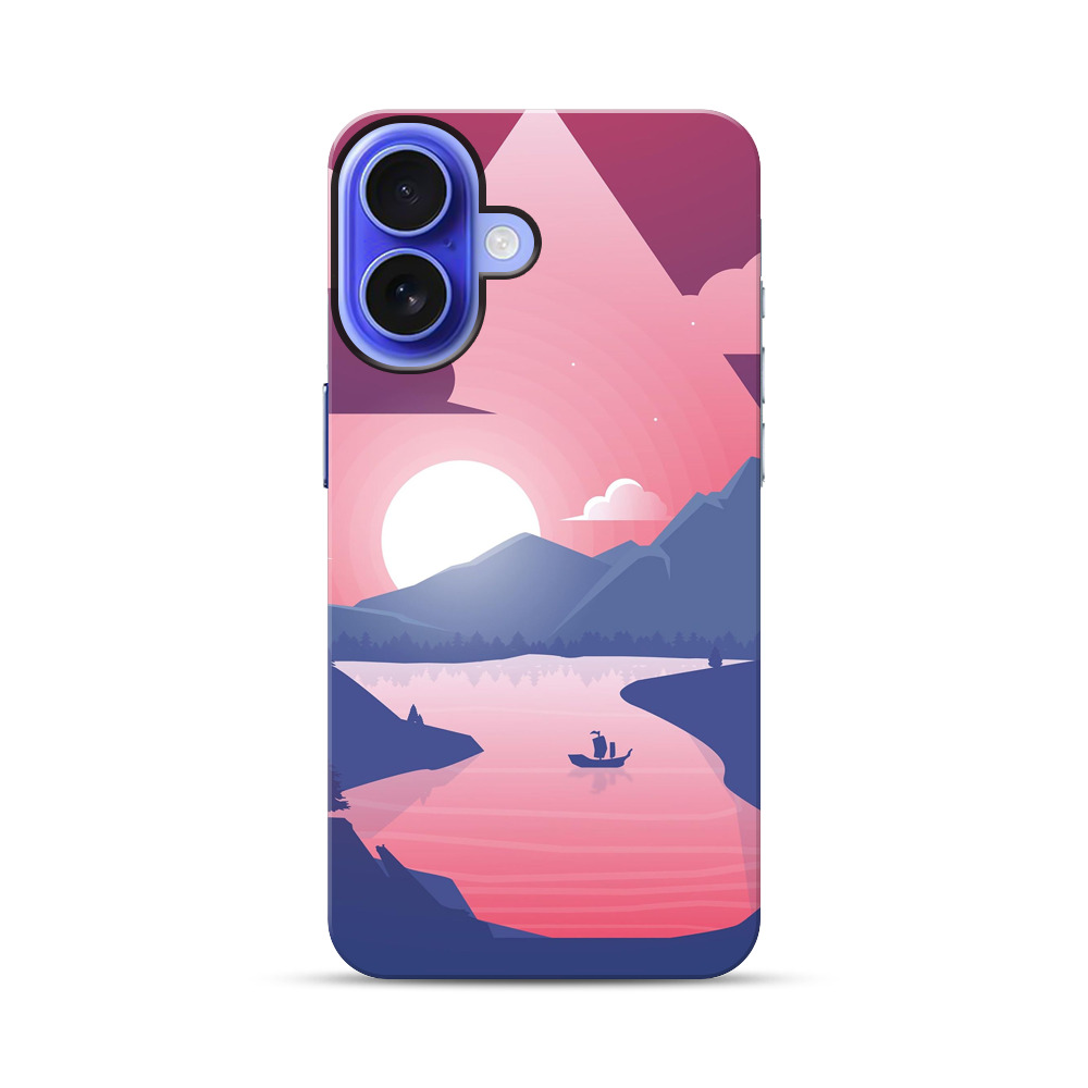 ピンク夕焼けの山湖風景ケース iPhone 17オリジナル耐衝撃ケース