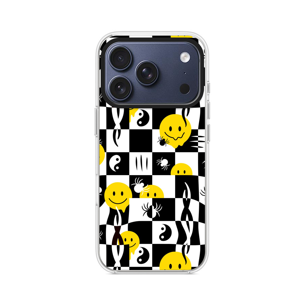 チェッカーパターンのスマイリースカル iPhone 17 Proオリジナルケース