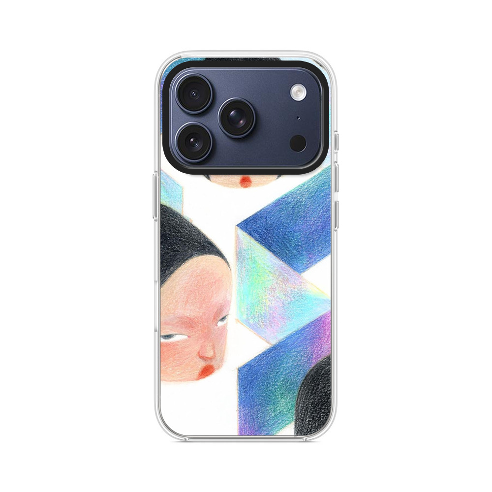 不思議な表情の女性の顔と幾何学模様 iPhone 17 Proオリジナルケース