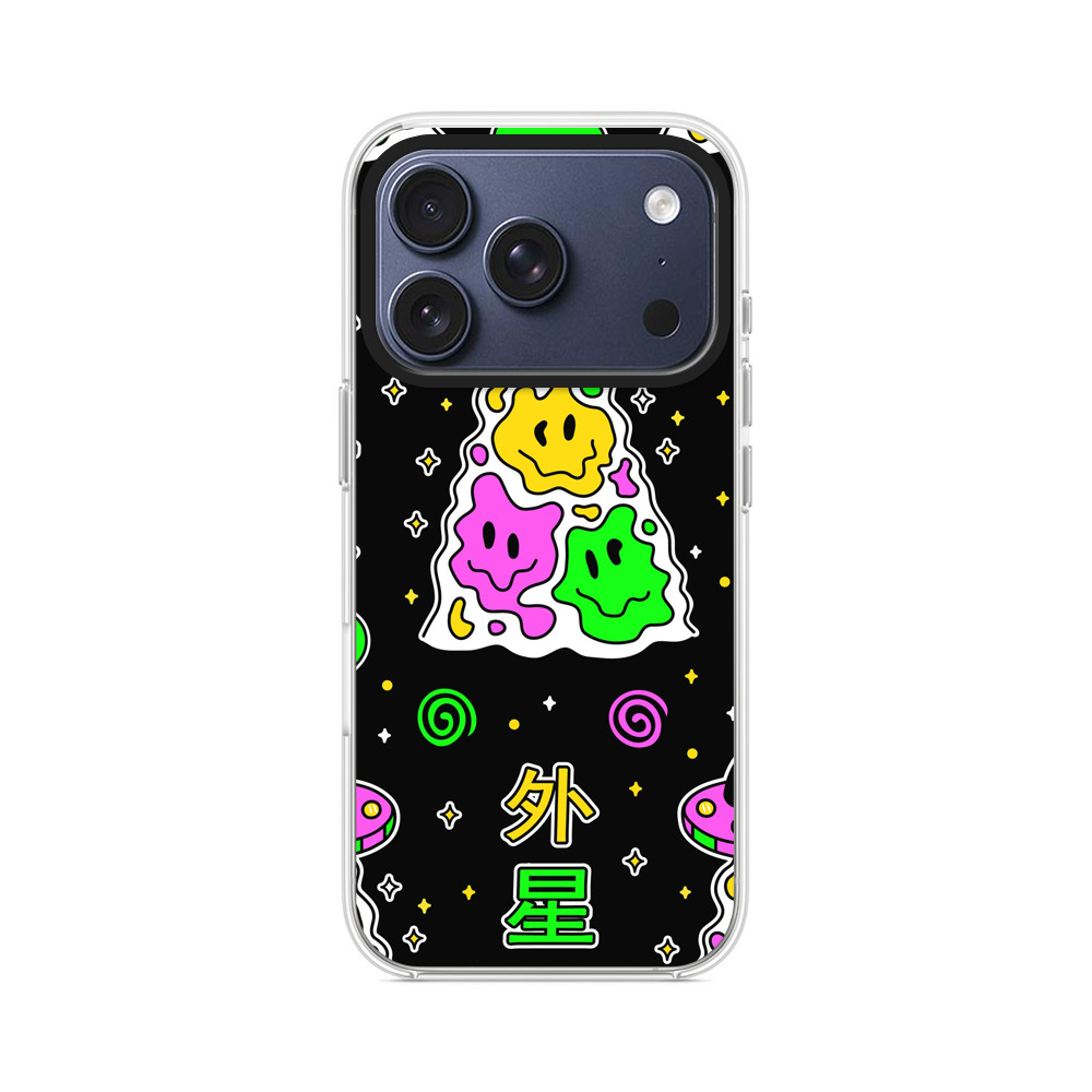 カラフルな宇宙人とUFOのパターン iPhone 17 Proオリジナルケース