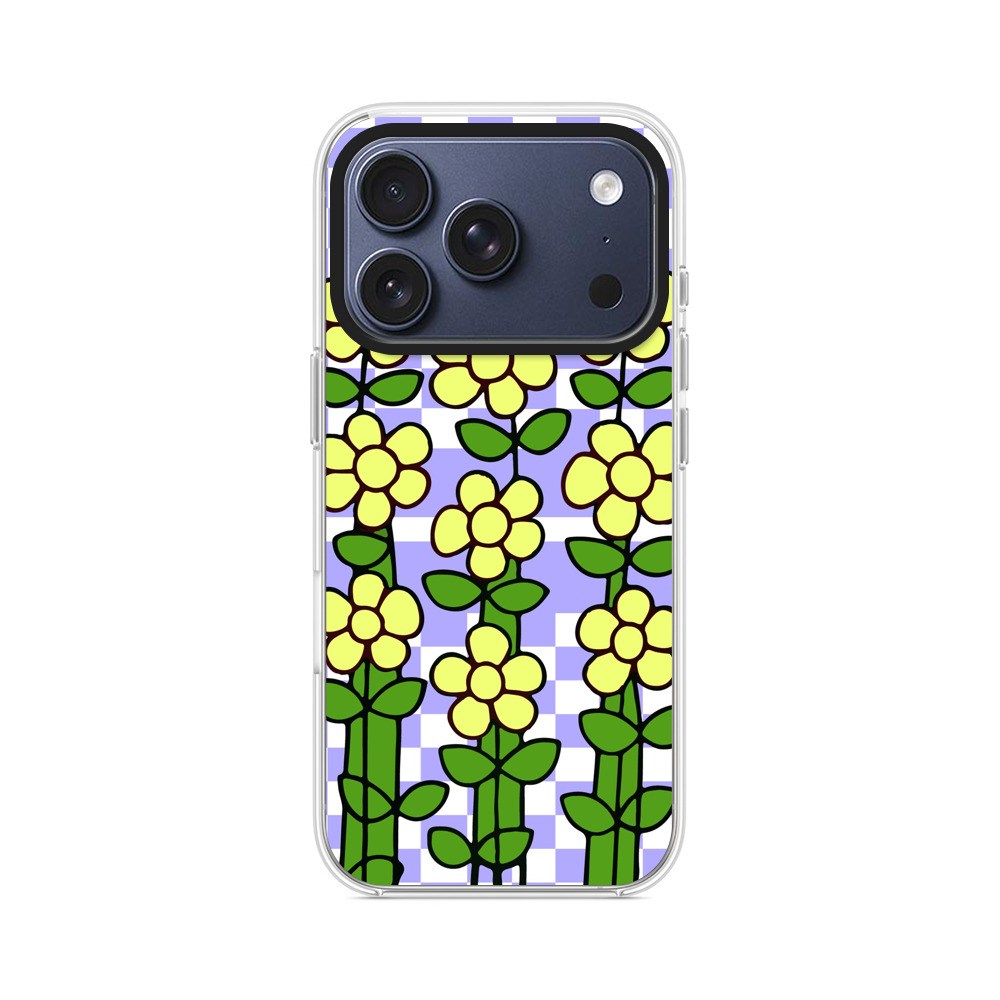 黄色い花とチェッカーボード背景 iPhone 17 Proオリジナルケース