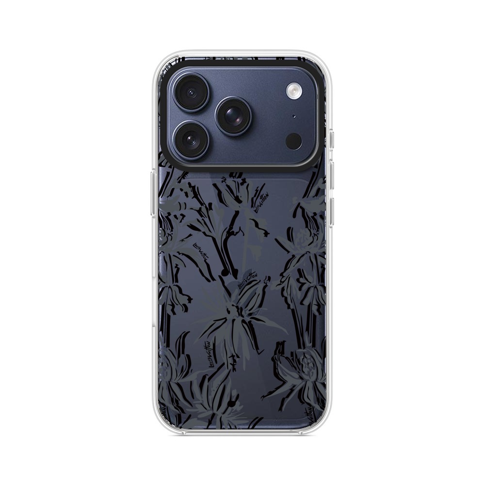 黒背景の銀色植物模様 iPhone 17 Proオリジナルケース