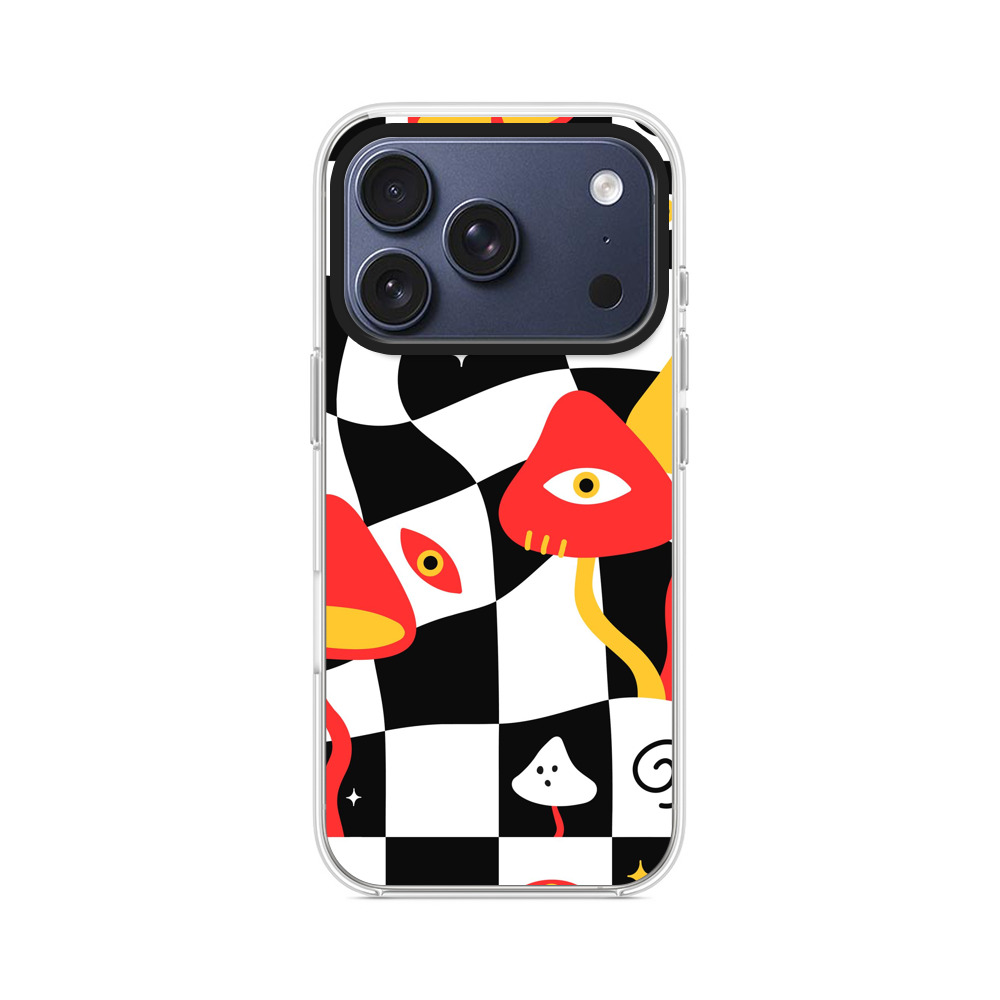目を持つキノコとチェック柄 iPhone 17 Proオリジナルケース