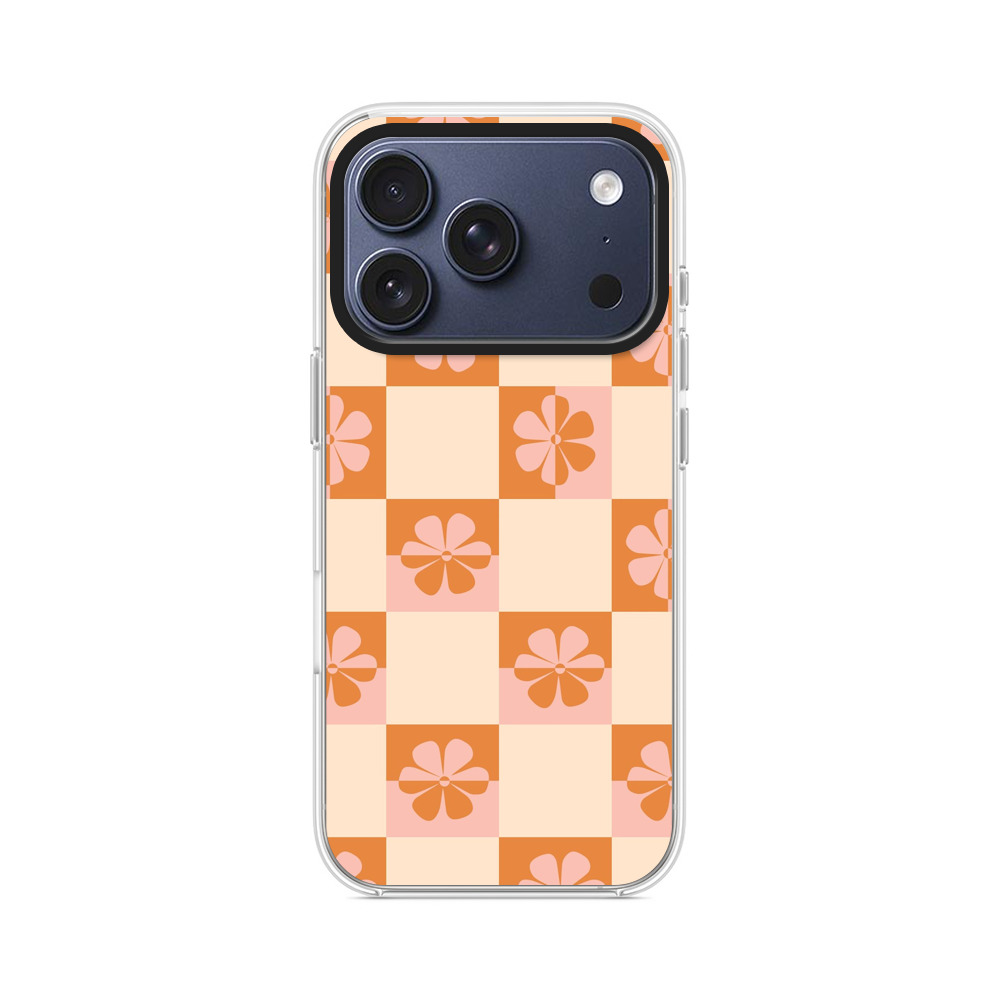 オレンジ色の花柄チェック模様 iPhone 17 Proオリジナルケース