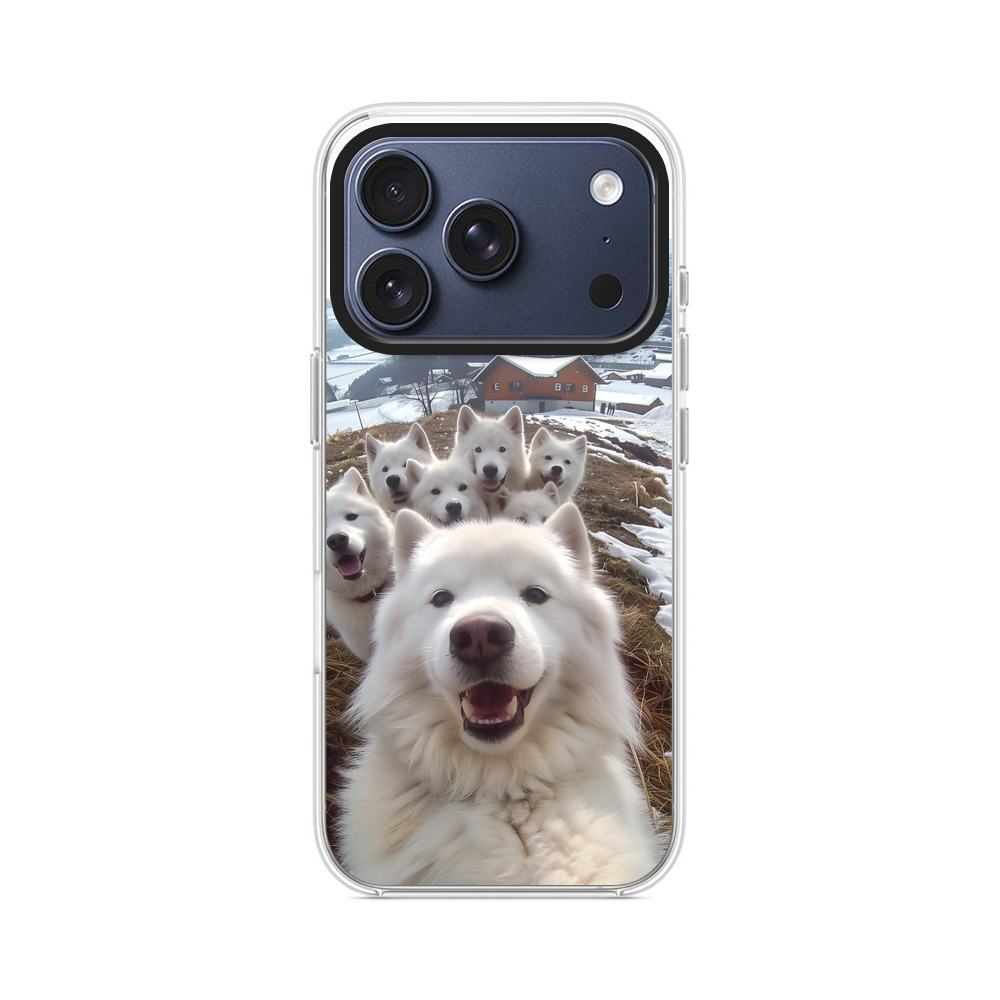 雪山のサモエド犬たちの群れ iPhone 17 Proオリジナルケース