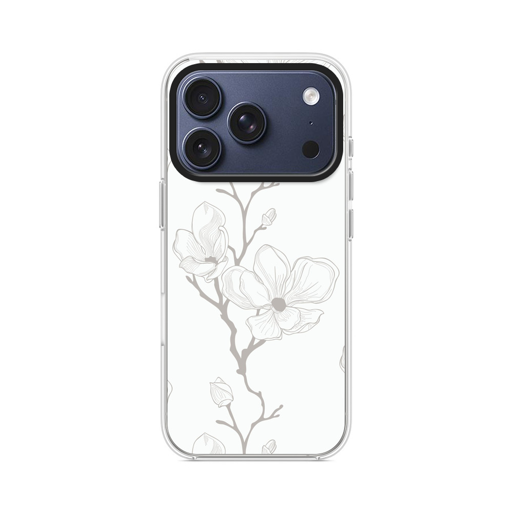 白黒のマグノリアの花の模様 iPhone 17 Proオリジナルケース