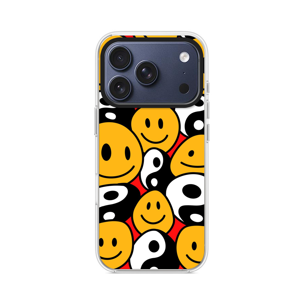 スマイリーフェイスと陰陽シンボルのパターン iPhone 17 Proオリジナルケース