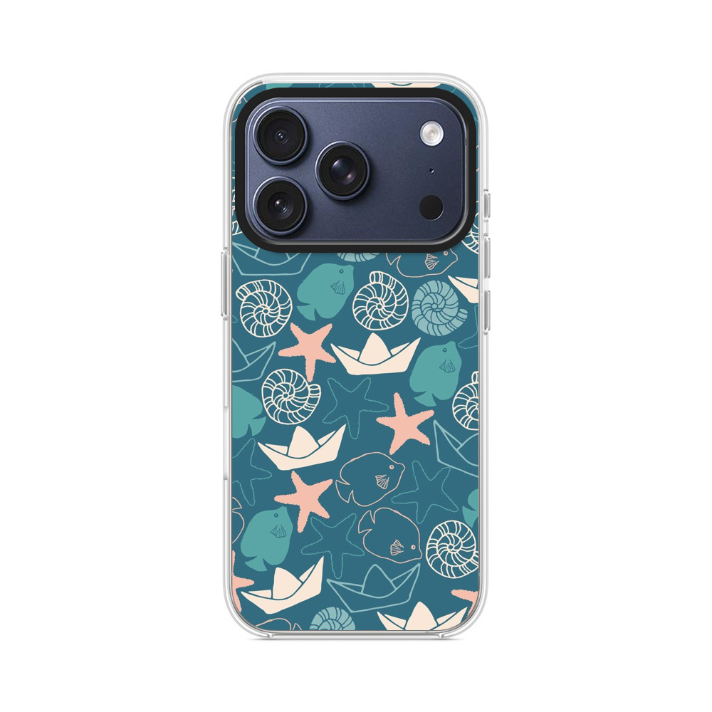 海の生き物と紙船のパターン iPhone 17 Proオリジナルケース