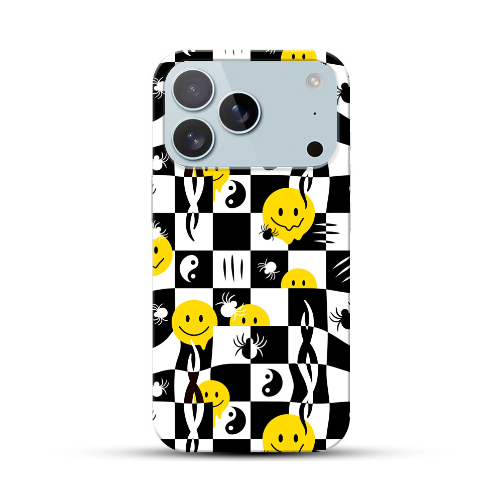 チェッカーパターンのスマイリースカル iPhone 17 Proオリジナルハードケース