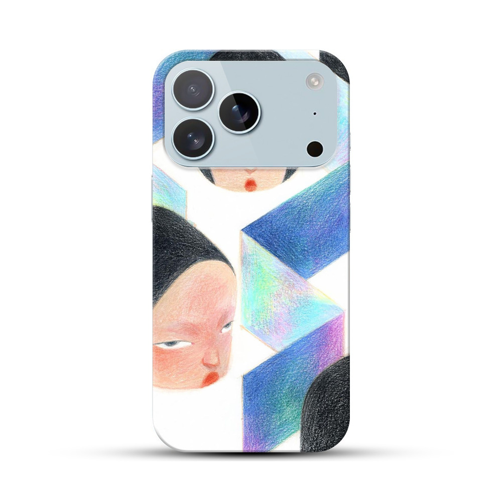不思議な表情の女性の顔と幾何学模様 iPhone 17 Proオリジナルハードケース
