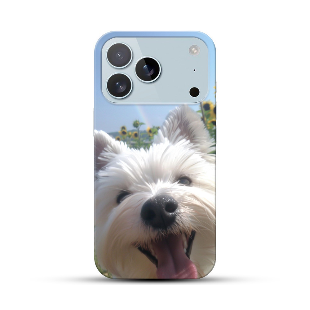 白い犬とひまわりと虹 iPhone 17 Proオリジナルハードケース