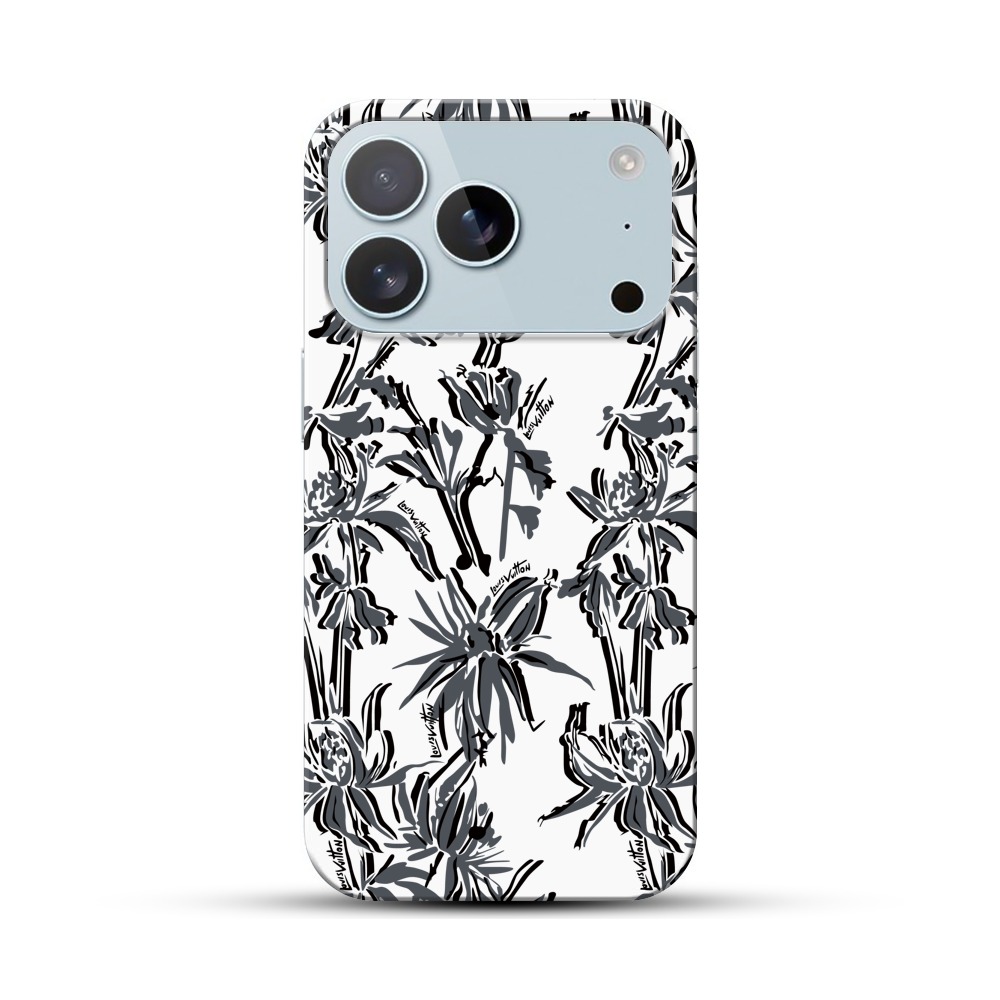 黒背景の銀色植物模様 iPhone 17 Proオリジナルハードケース