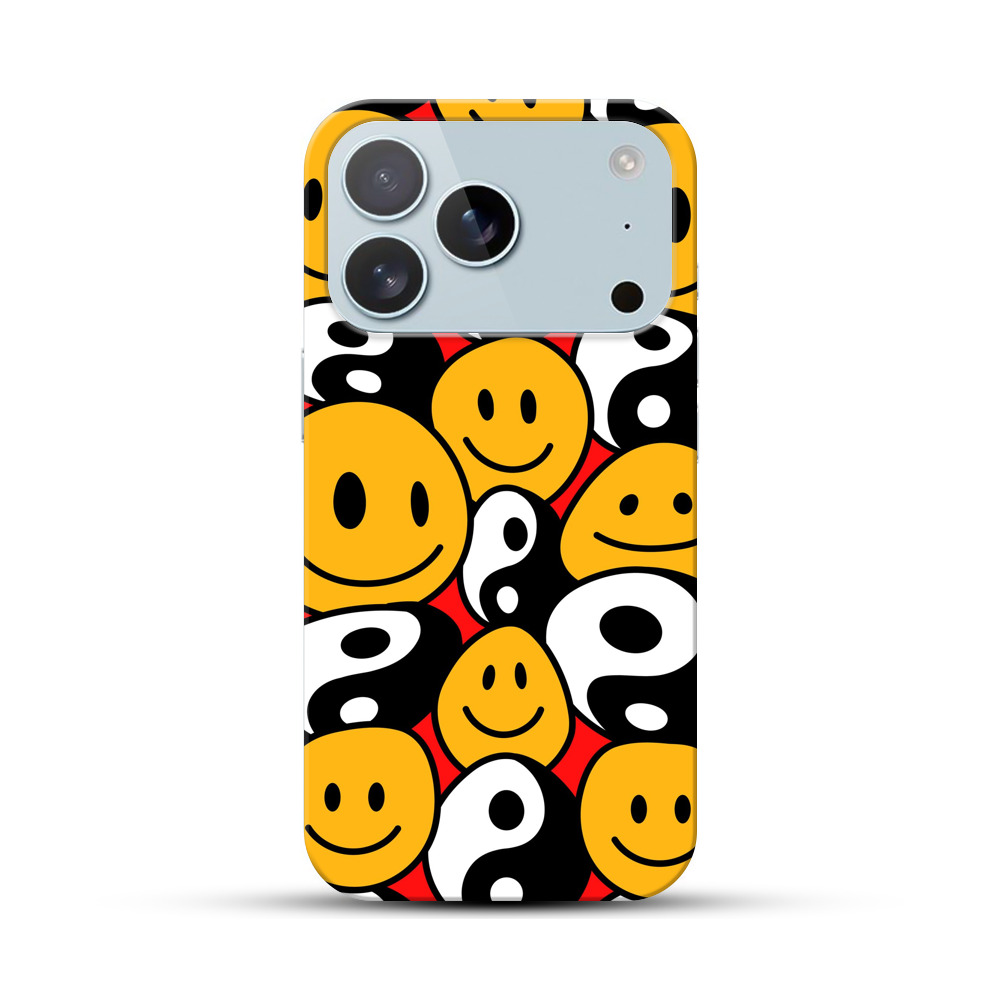 スマイリーフェイスと陰陽シンボルのパターン iPhone 17 Proオリジナルハードケース