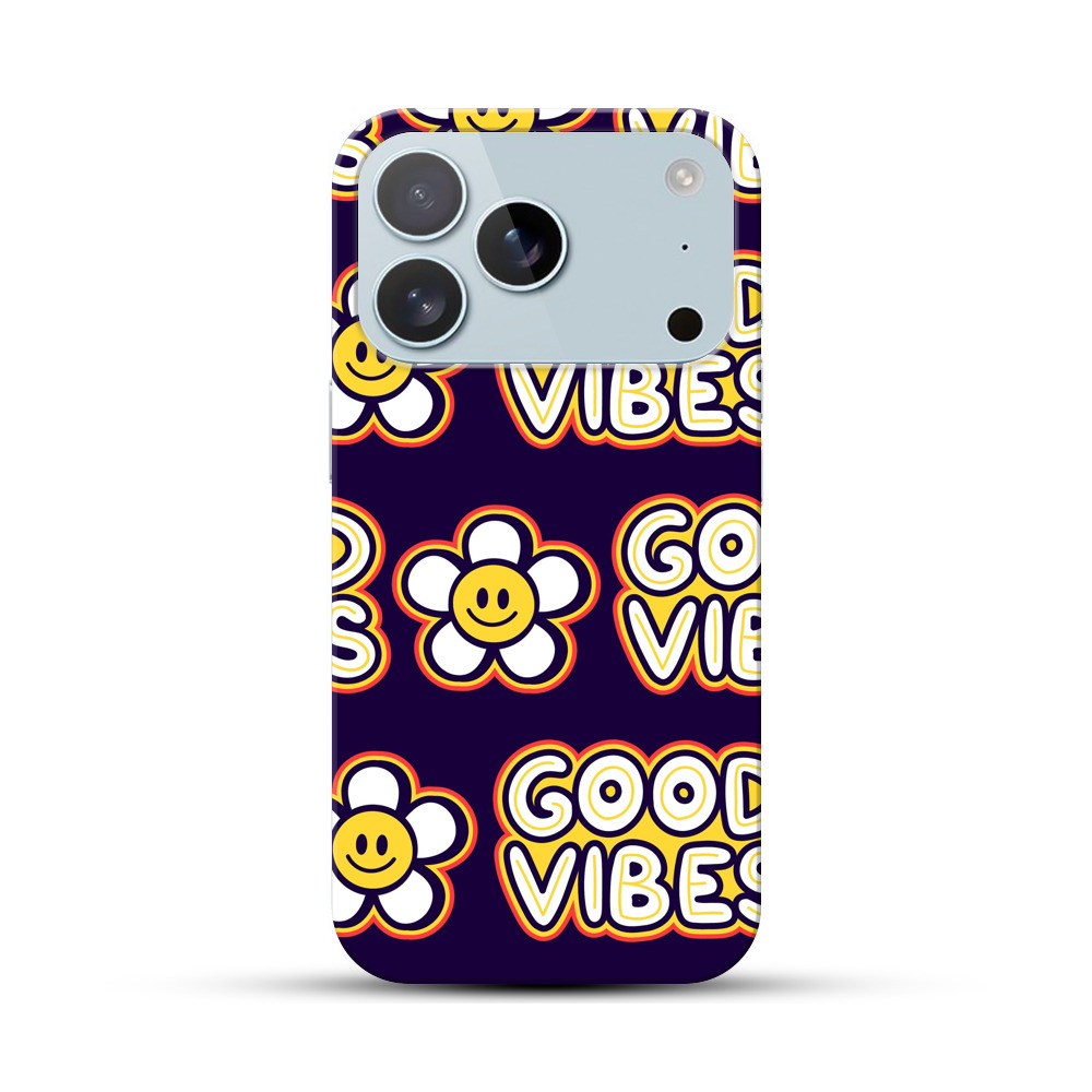 スマイリーフラワーとグッドバイブスのパターン iPhone 17 Proオリジナルハードケース