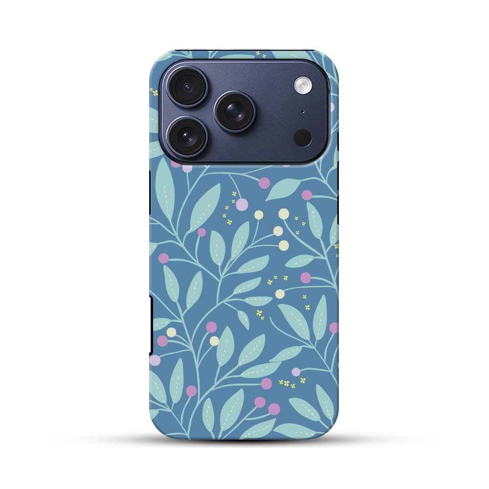 ブルーの葉とベリーのパターン iPhone 17 Proオリジナルハ耐衝撃ケース