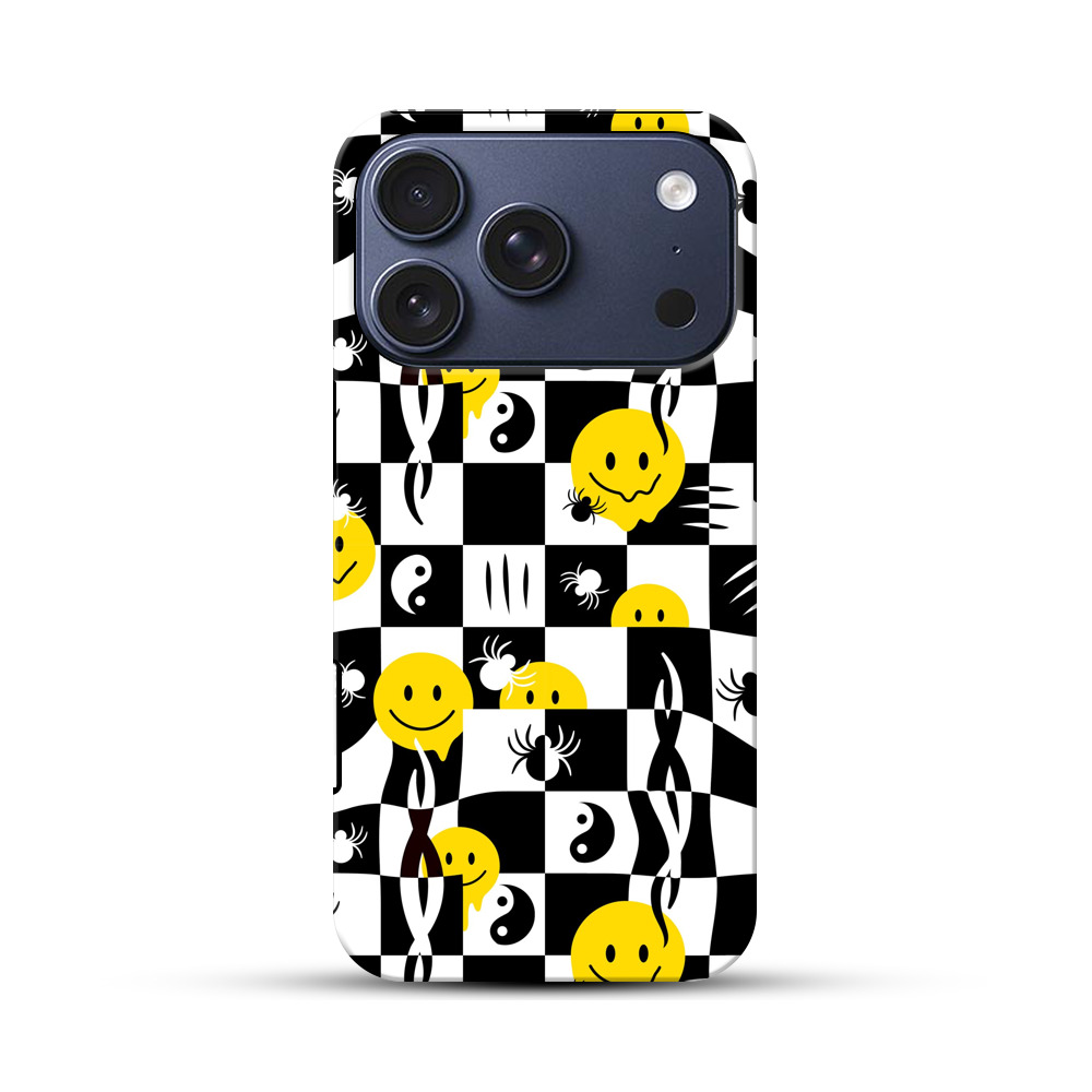 チェッカーパターンのスマイリースカル iPhone 17 Proオリジナルハ耐衝撃ケース