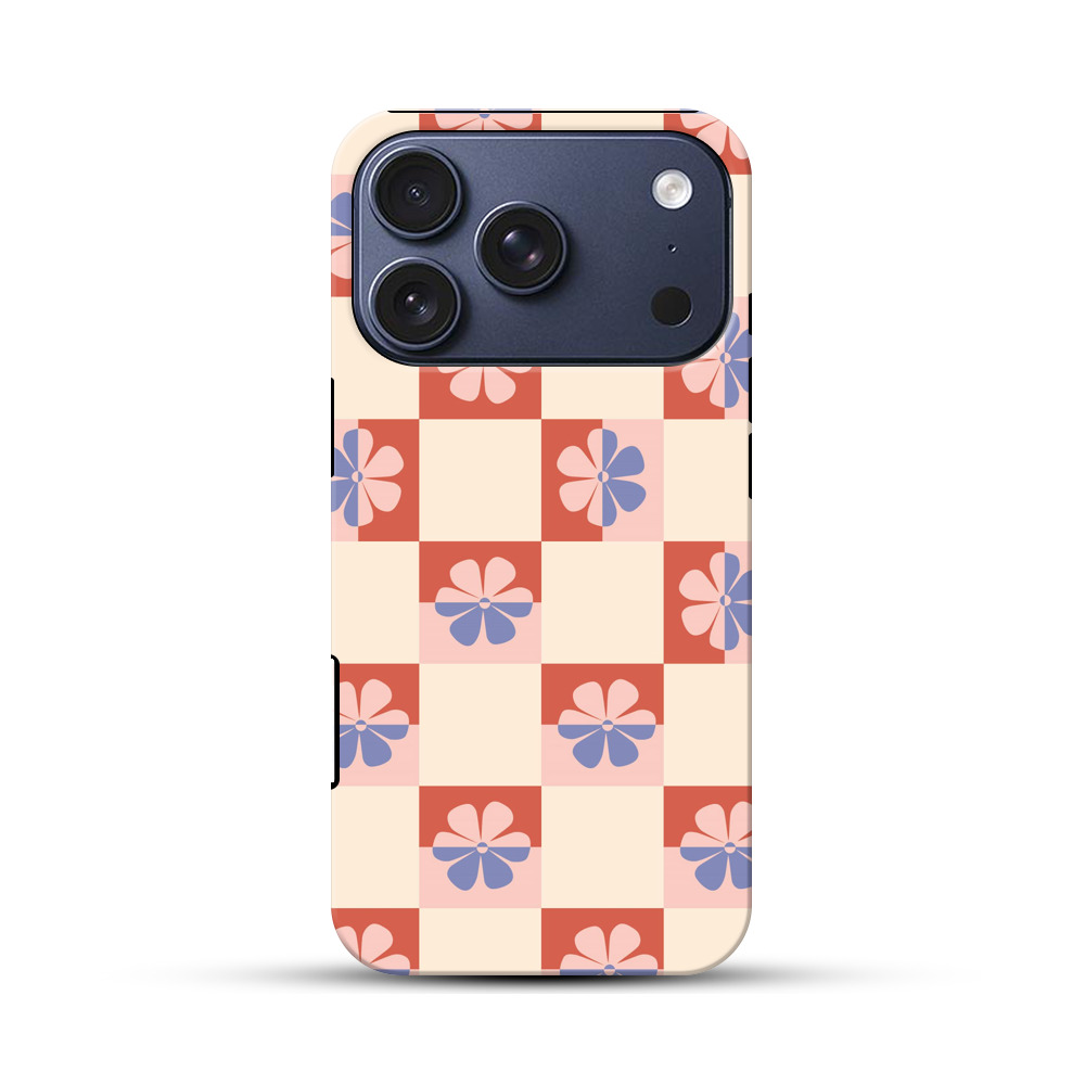 花のチェッカーパターン模様 iPhone 17 Proオリジナルハ耐衝撃ケース