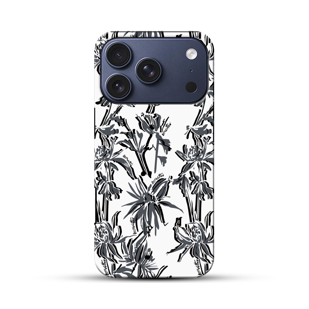 黒背景の銀色植物模様 iPhone 17 Proオリジナルハ耐衝撃ケース