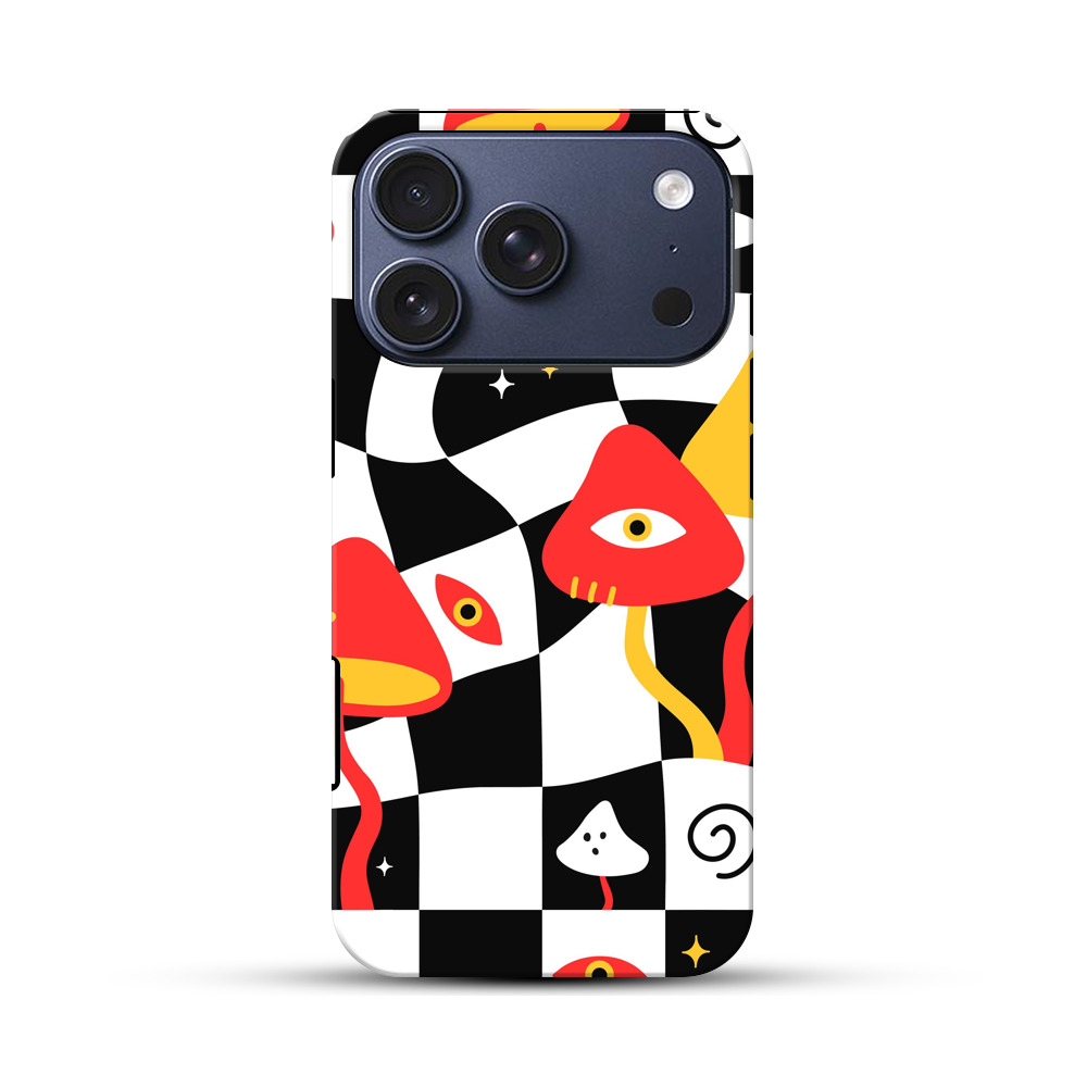 目を持つキノコとチェック柄 iPhone 17 Proオリジナルハ耐衝撃ケース