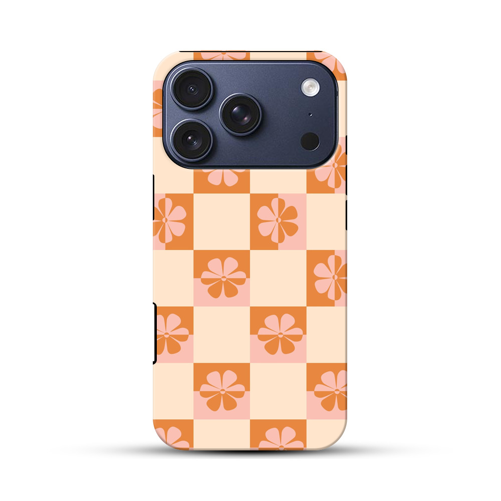 オレンジ色の花柄チェック模様 iPhone 17 Proオリジナルハ耐衝撃ケース