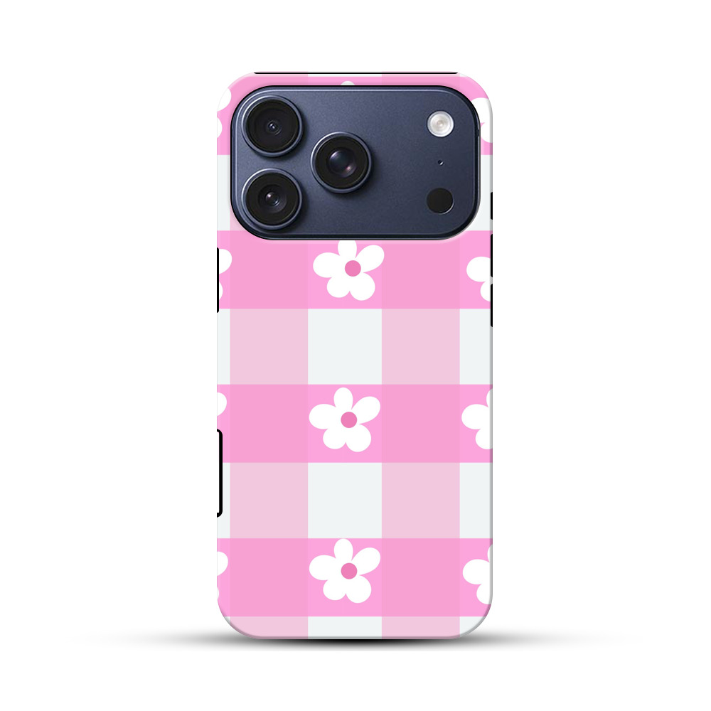 ピンクのチェックと花柄 iPhone 17 Proオリジナルハ耐衝撃ケース