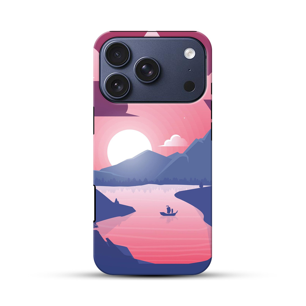 ピンク夕焼けの山湖風景ケース iPhone 17 Proオリジナルハ耐衝撃ケース