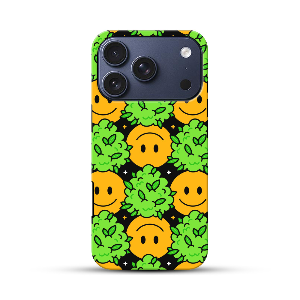 スマイリーフェイスと葉っぱのパターン iPhone 17 Proオリジナルハ耐衝撃ケース