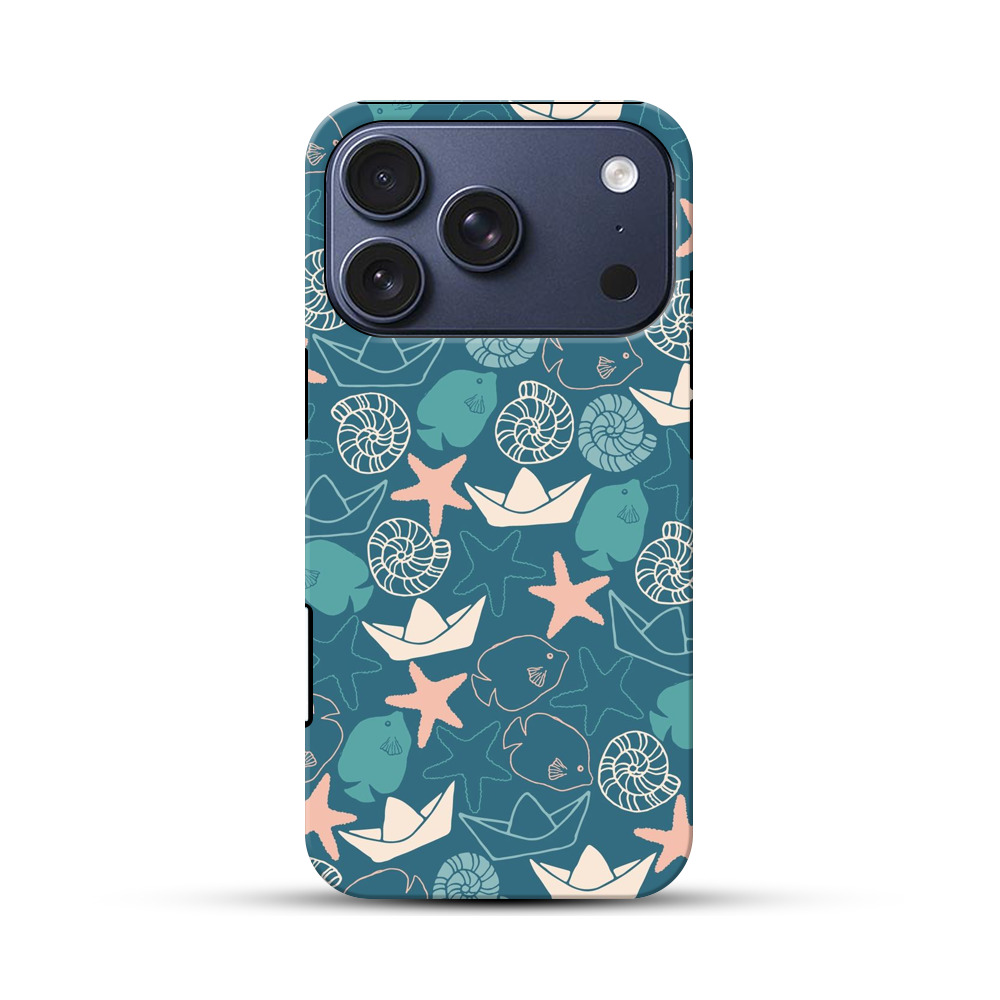 海の生き物と紙船のパターン iPhone 17 Proオリジナルハ耐衝撃ケース